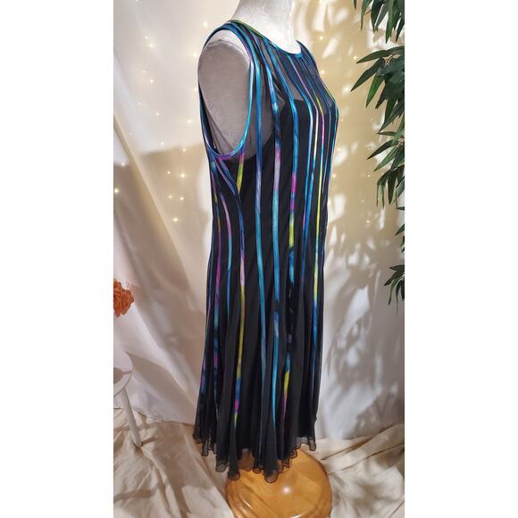 Vtg JS Collections Multi Rainbow Stripe Sheer Overlay 2 Piece Dress Size L Black - Picture 3 of 15